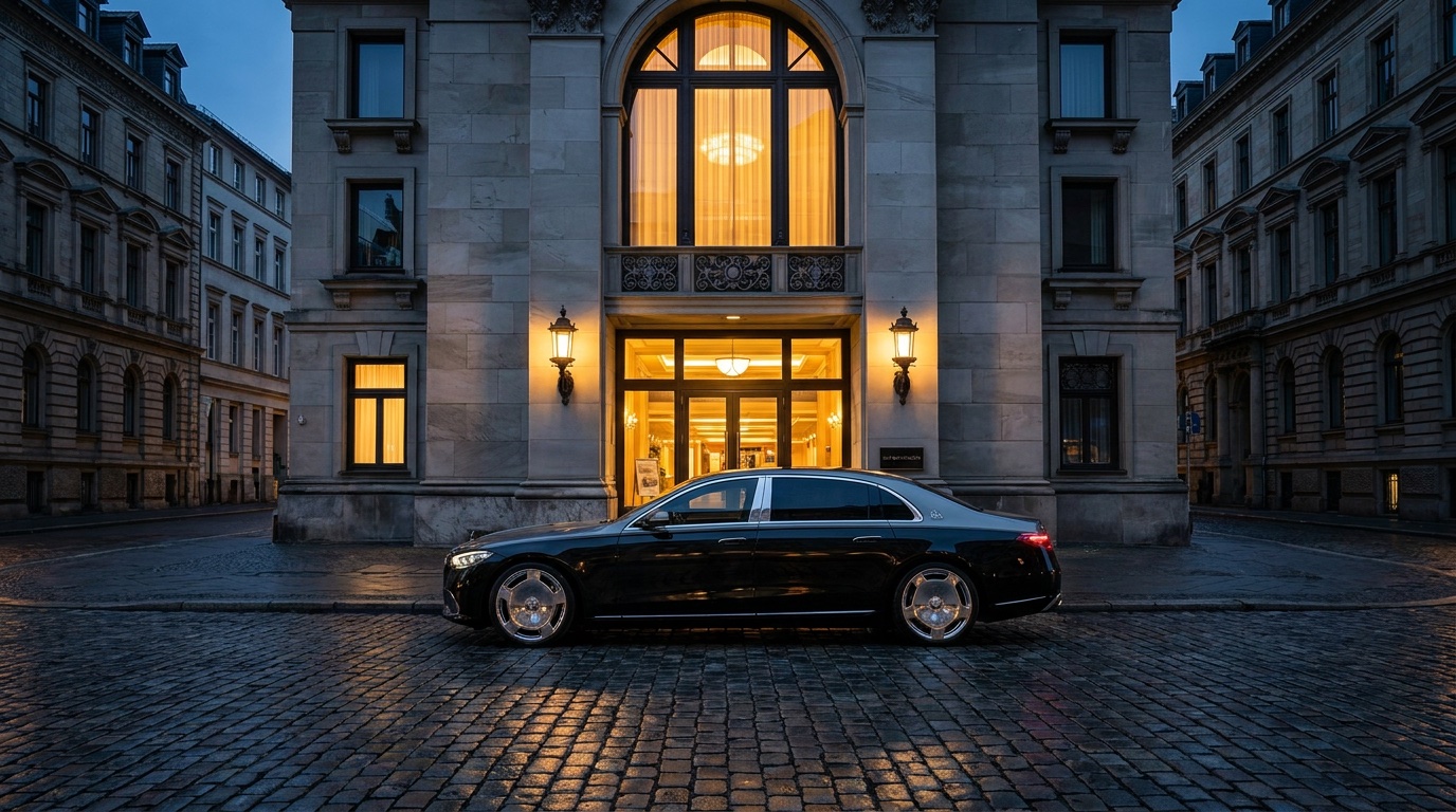 Mercedes-Maybach S-Klasse vor dem Schloss Herrenhausen in Hannover, dunkler Chauffeur am Wagen