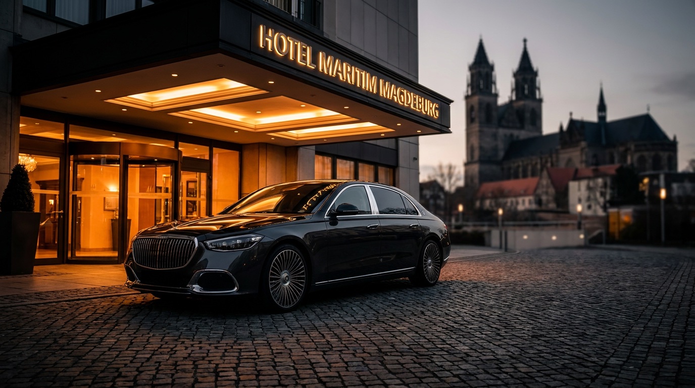 Mercedes-Maybach S-Klasse vor dem Dom zu Magdeburg, Chauffeur in dunkler Uniform